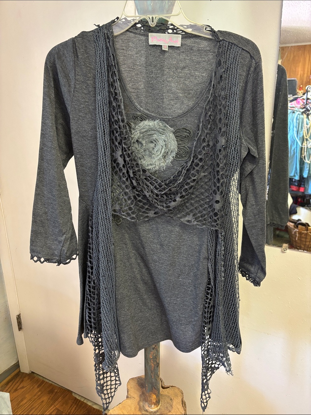 Pretty Angel Charcoal Gray Crochet-Overlay Women's Sweater Cardigan